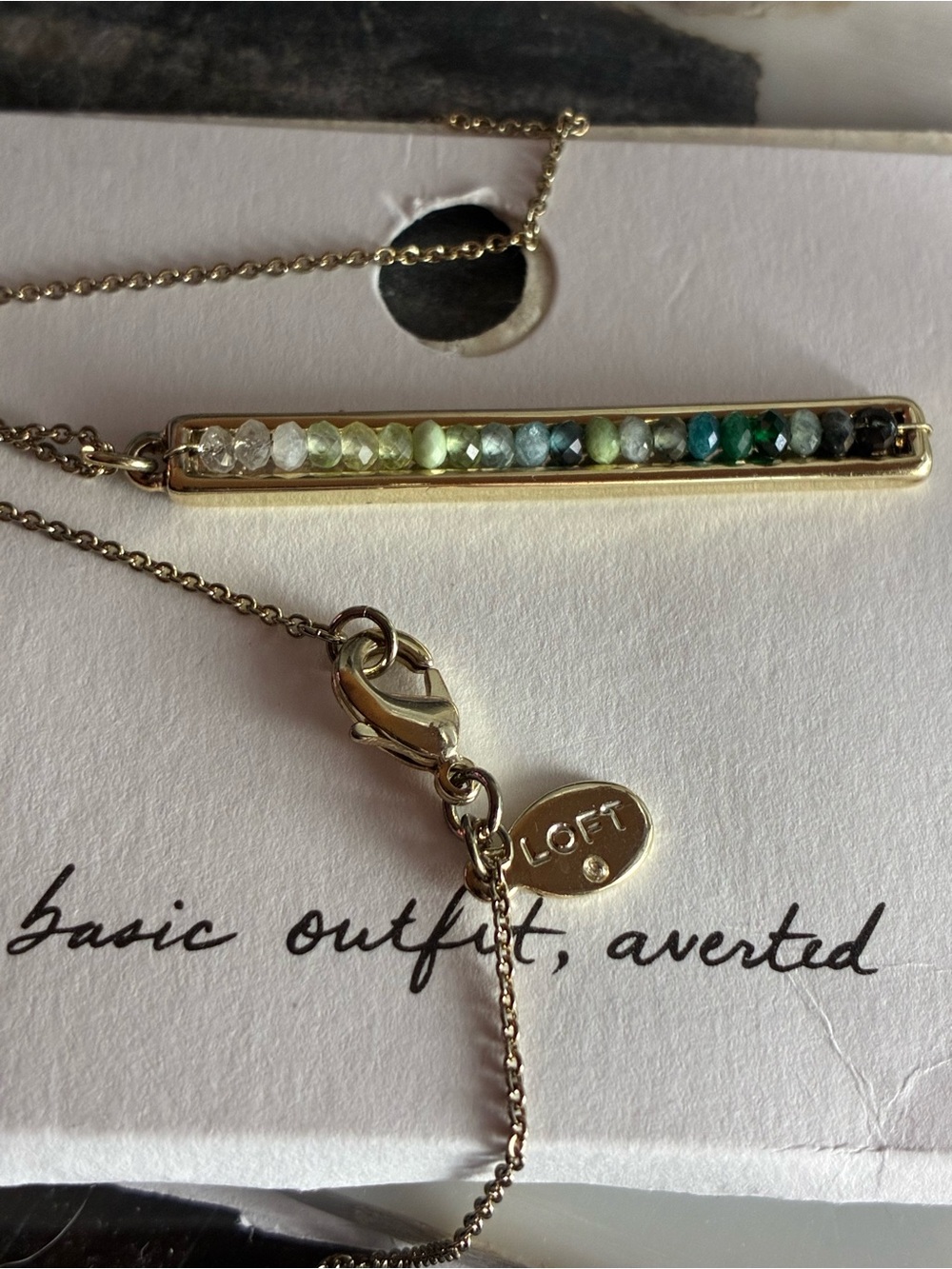 LOFT Gold-Tone Bar Necklace with Green to Blue Beads NWT